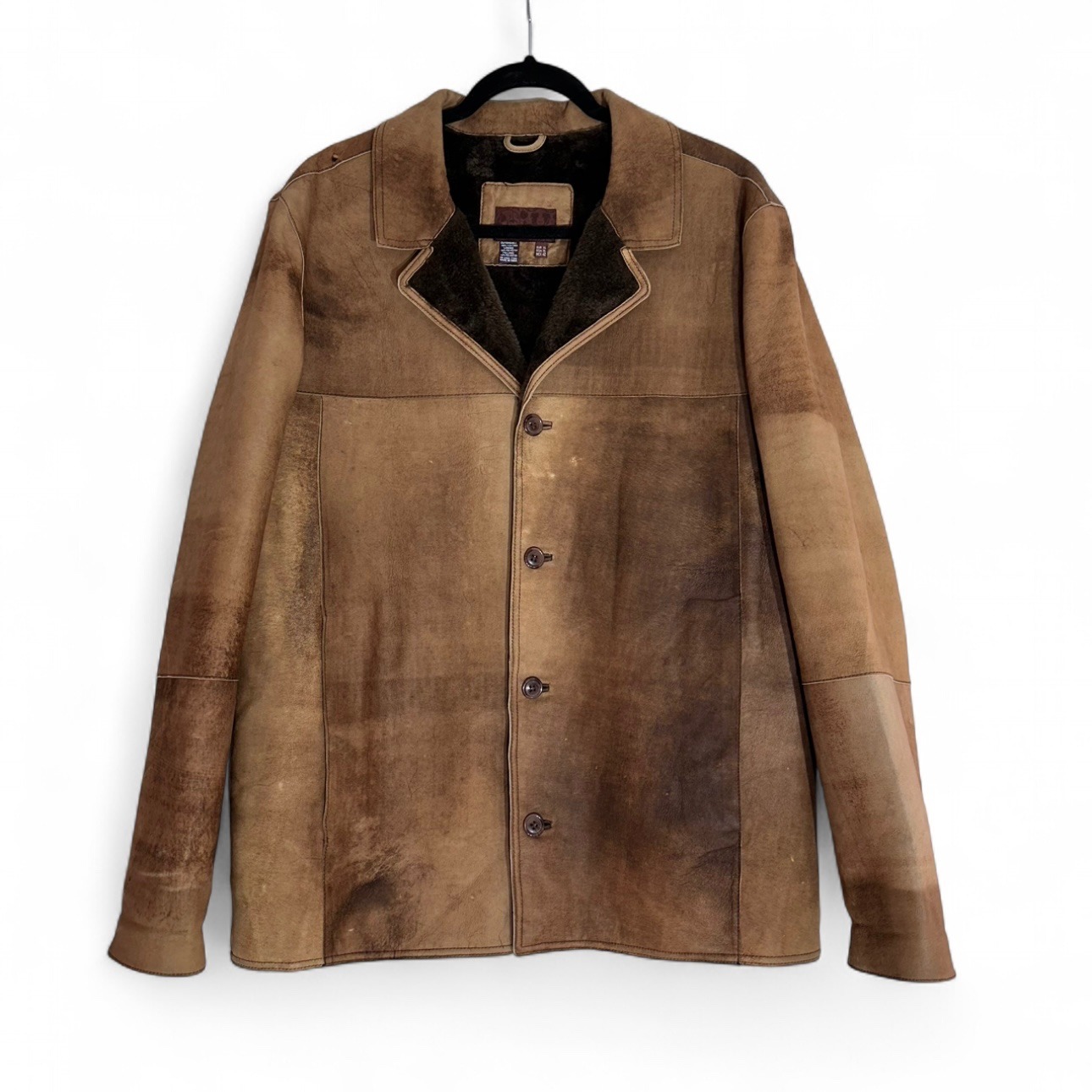 Vintage Zara Brown Patina Shearling Leather Jacket Coat Button Up Men's Xl